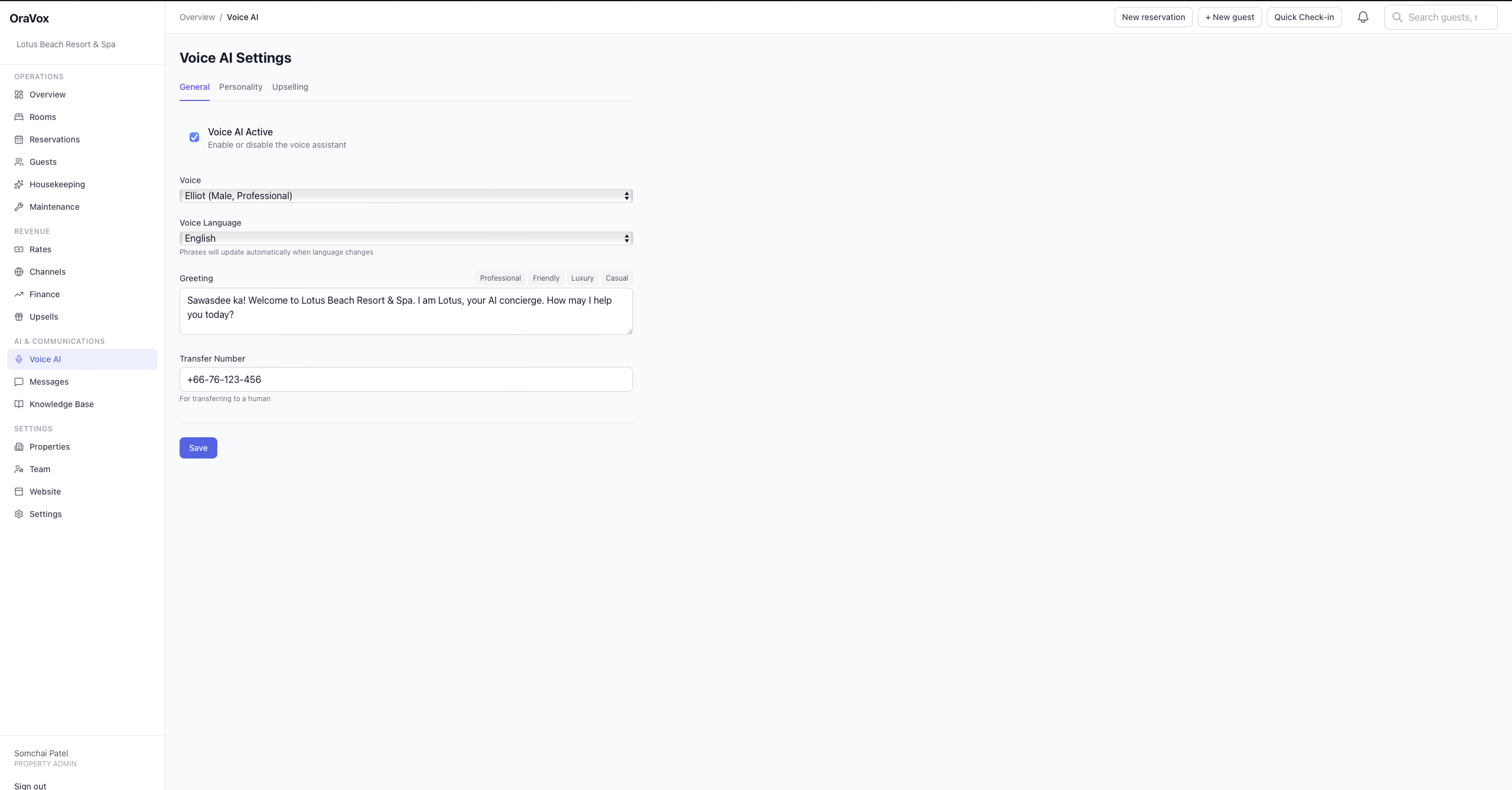 Voice AI Settings — configure your AI concierge